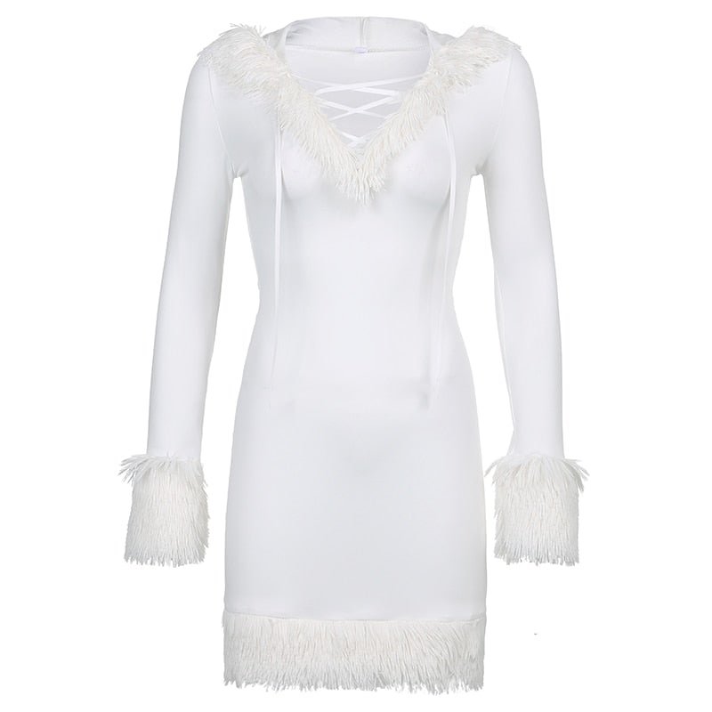 HEYounGIRL Furry White Bodycon Mini Dresses Women Autumn Long Sleeve Hooded V Neck Dress Skinny Fuzzy Party Streetwear Winter