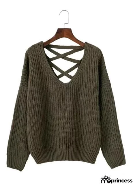 V Neck Solid Color Long Sleeve Knit Sweater