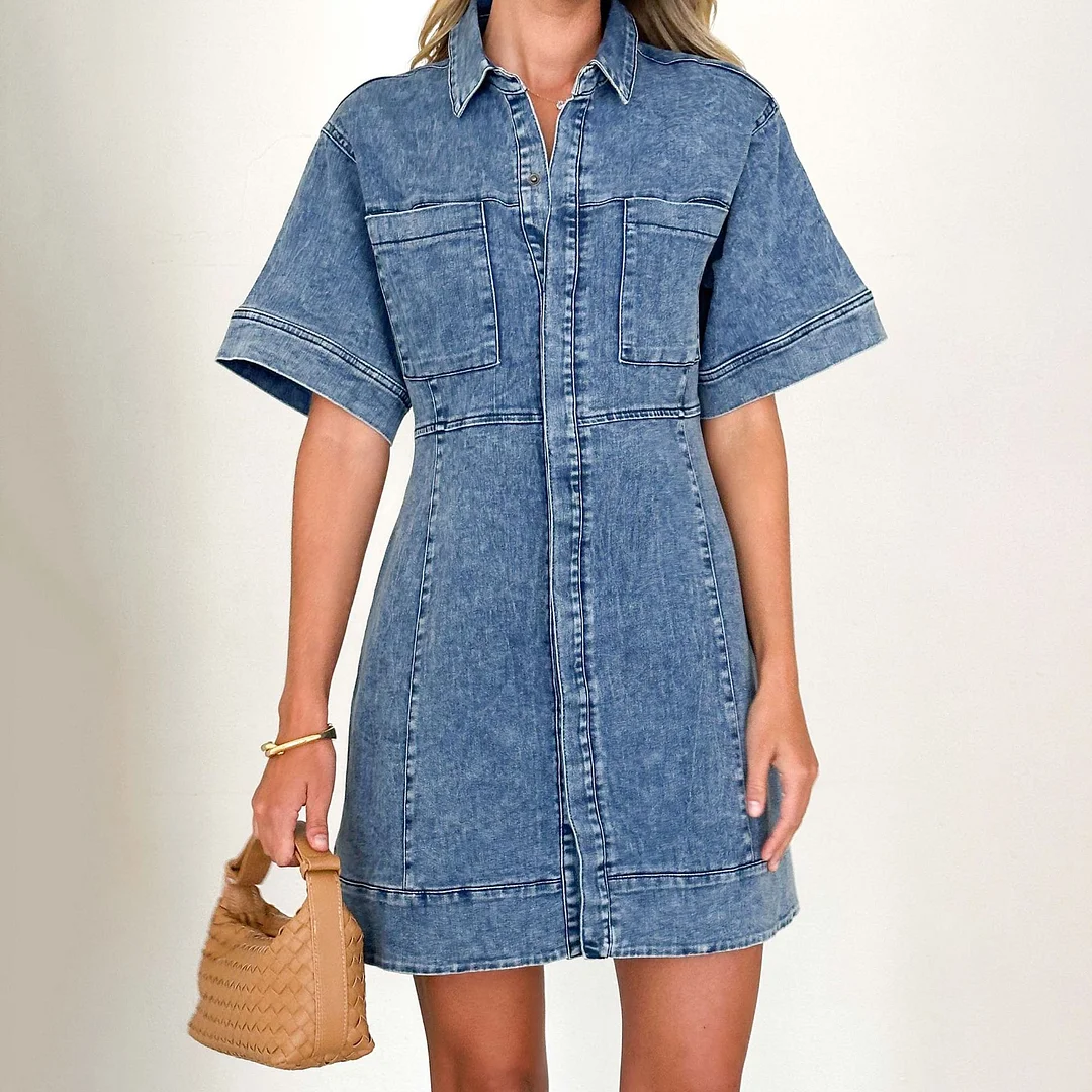 Women's 2025 Summer Retro Lapel Denim Dress Button Down Short Sleeve Denim Dress