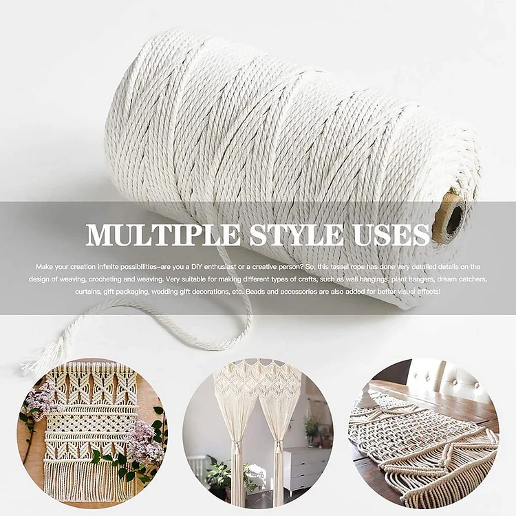 3 Strands 2mm Macrame Cord Cotton Twisted Rope String for DIY