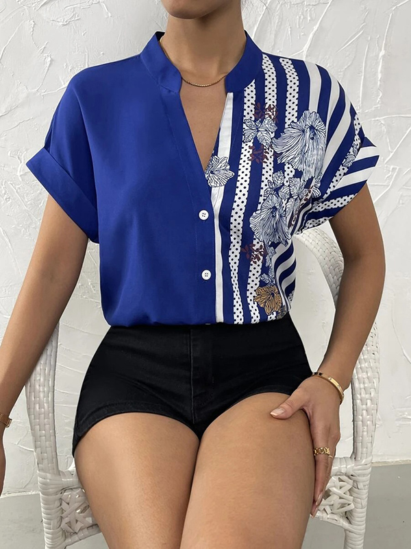 Striped Flower Print Contrast Color Buttoned Short Sleeves Loose V-Neck Blouses&Shirts Tops BLUE-M