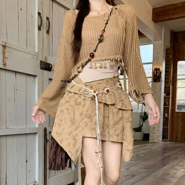 Mid Cami Rise Distressed Beaded / Skirt Mini Cropped Asymmetrical Plain Tassel Sweater Chain A-Line Waist Detail Top