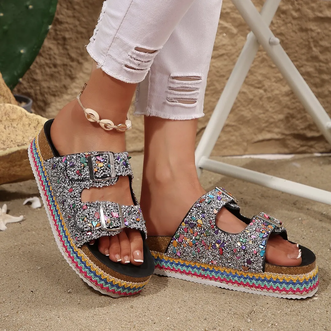 Breakj Breakj Fashion Thick-Bottomed Slippers Double Buckle Wearing Beach Corks Duke Bin Buckle Cold Slippers