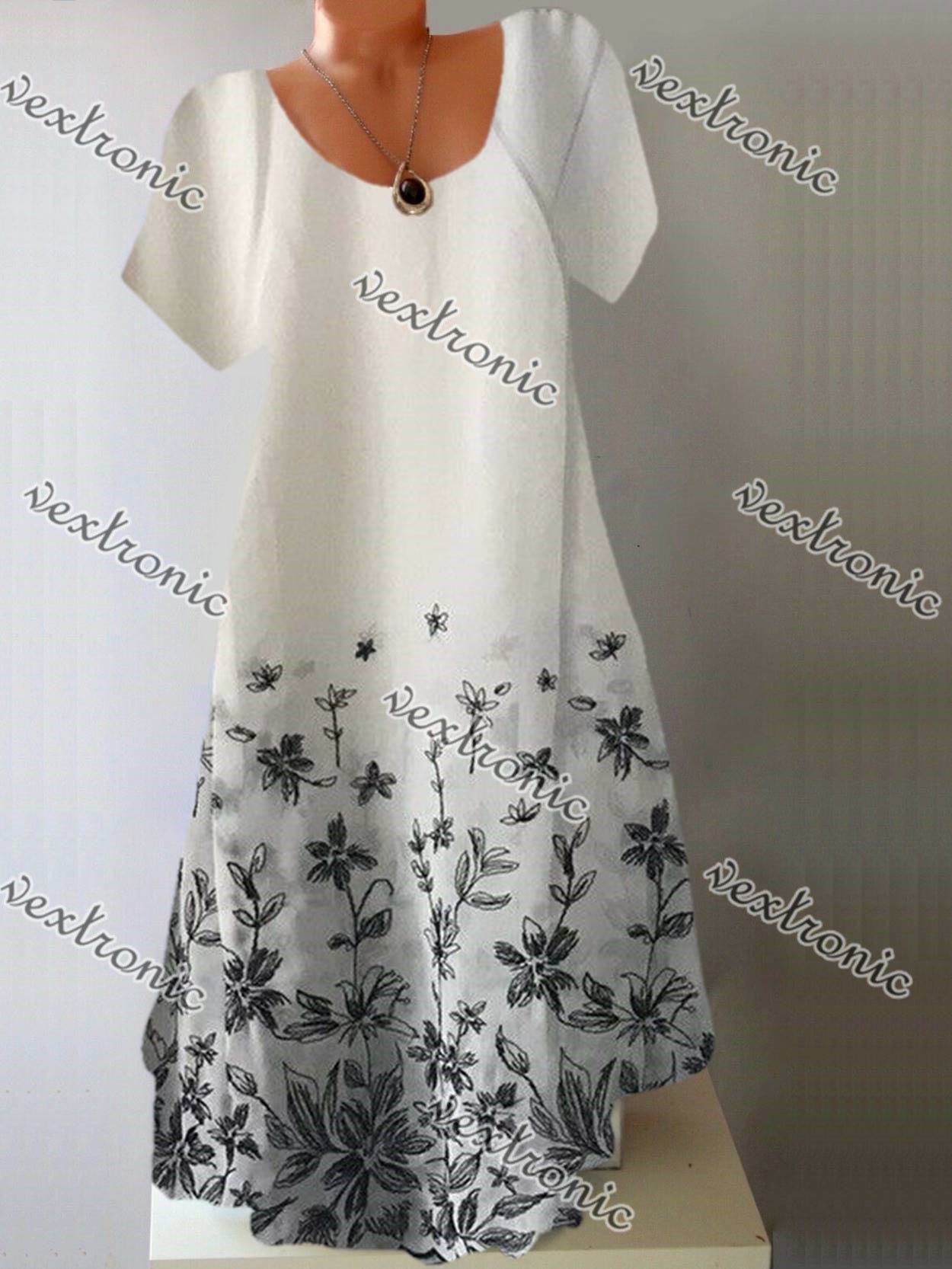 Women's Short Sleeve Scoop Neck White Floral Printed Midi Dress