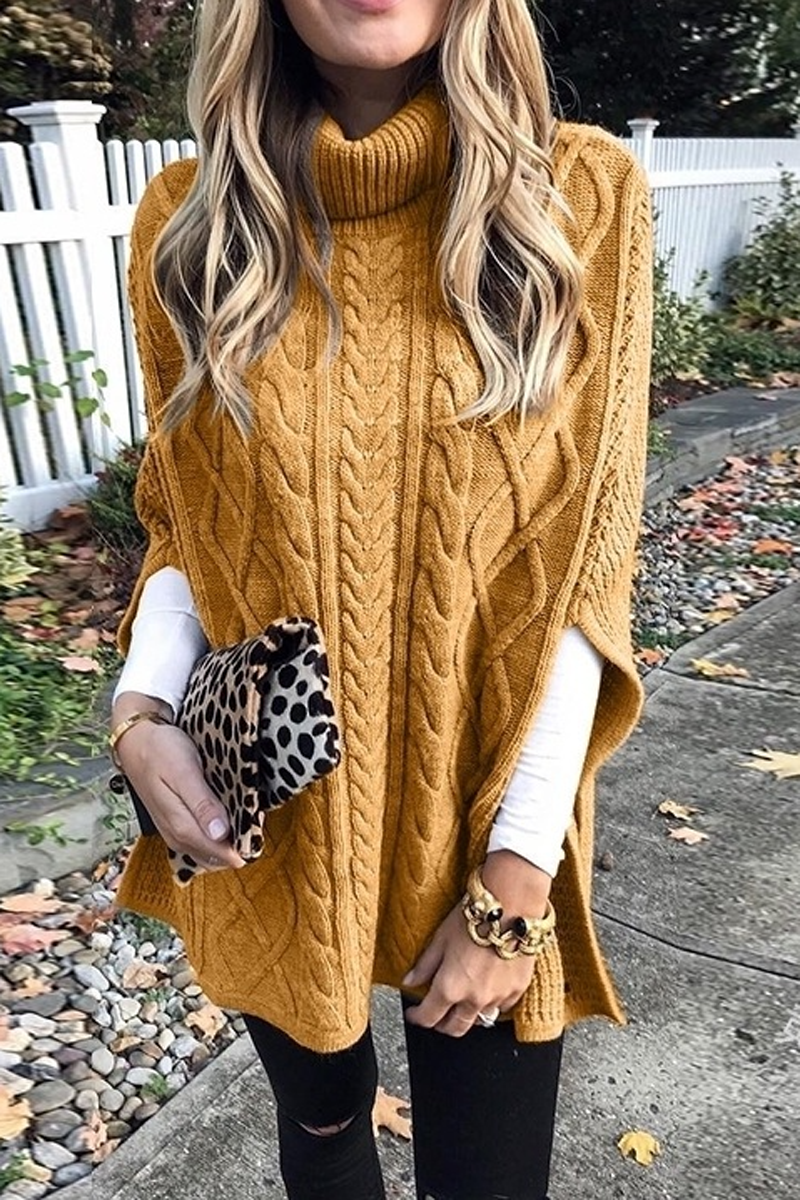 Turtleneck Solid Color Slit Sweater