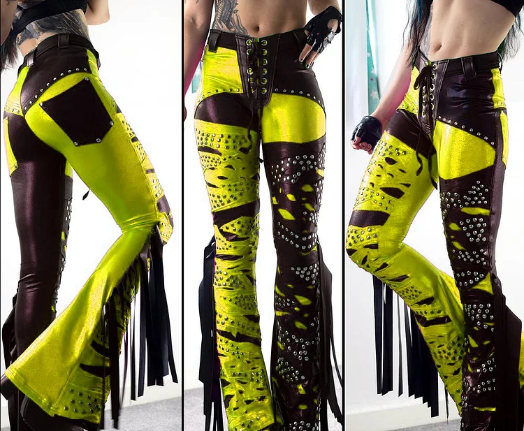 YELLOW/BLACK HEAVY RIVETED FRINGE FLARES