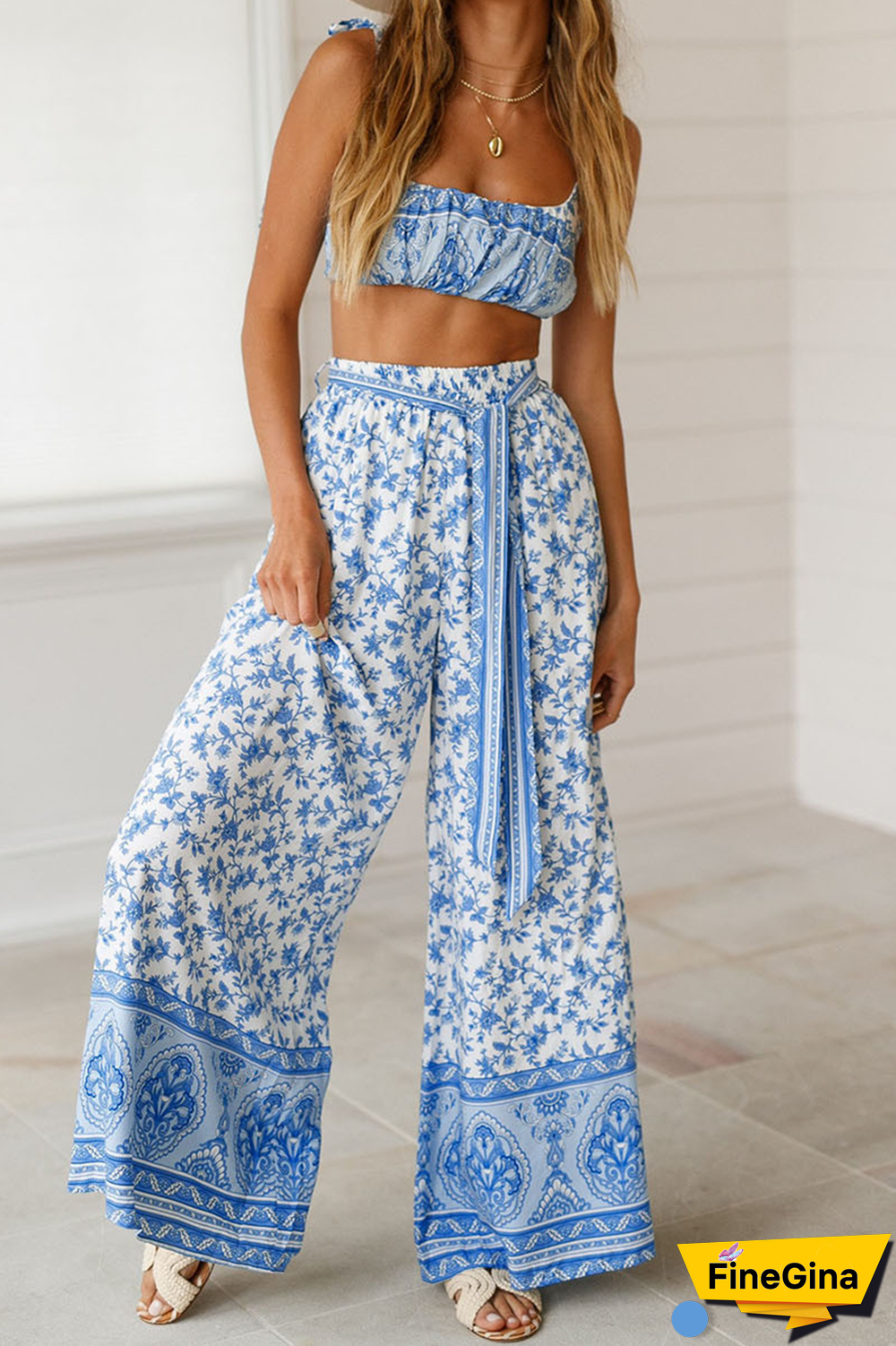 Fashion Patchwork Print Frenulum Sleeveless Two Pieces