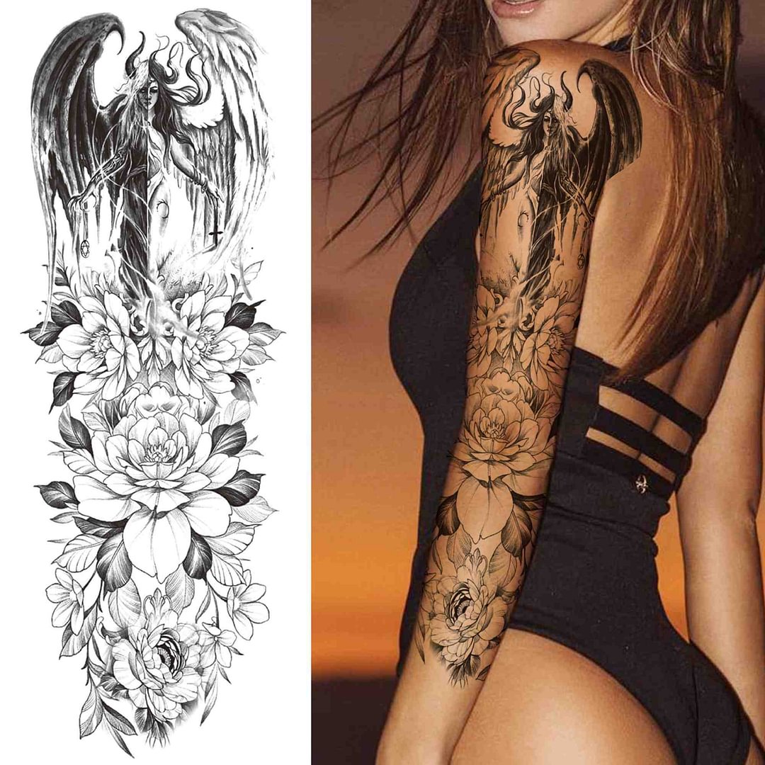 Flower Temporary Tattoo For Women Men Adult Full Arm Demon Wings Tattoos Sticker Sleeve Fake Black Skull God Tatoos Shoulder 1103