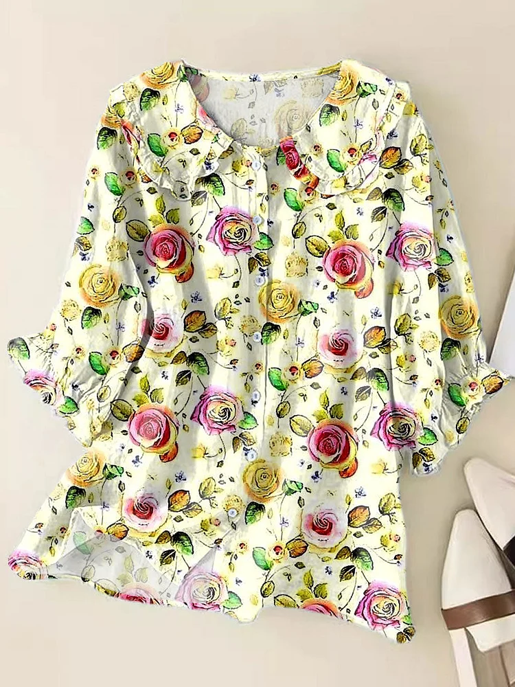 Women's  Fresh Floral Art Print Loose Top Peter Pan Collar Half Sleeve Blouses