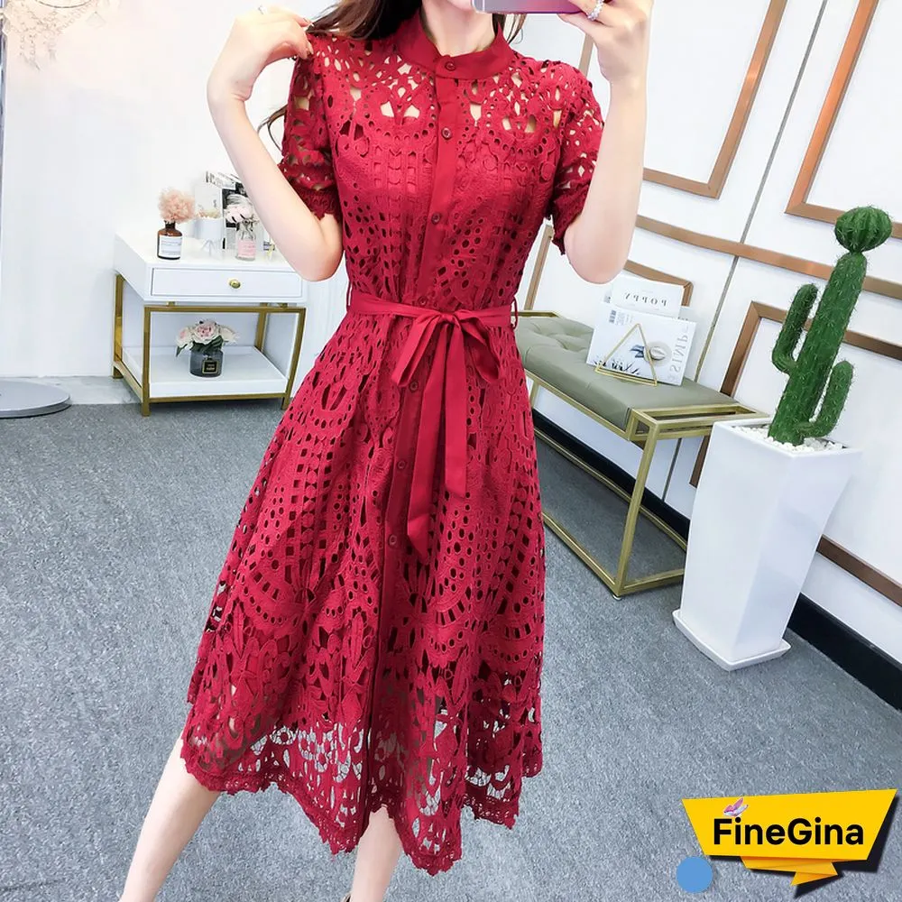SMTHMA New Spring / Summer Runway Women's Clothings Pleated Stand Collar Short Sleeve Single Breasted Polka Dot Lace Dress