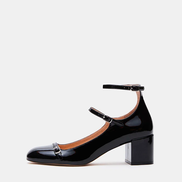 Black Patent Leather Chunky Heel Buckle Strap Mary Jane Pumps |FSJ Shoes