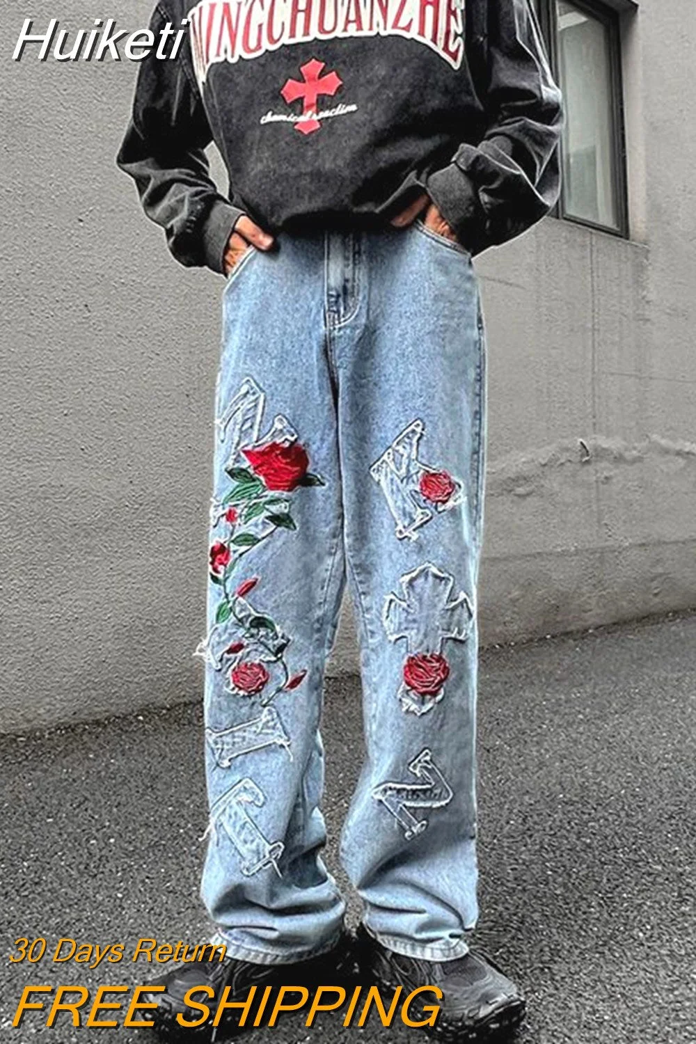 Huiketi And American Hip Hop Stereo Rose Embroidered Jeans Men Y2K Street New Popular Pants Couple Loose Wide-Leg Pants Jeans