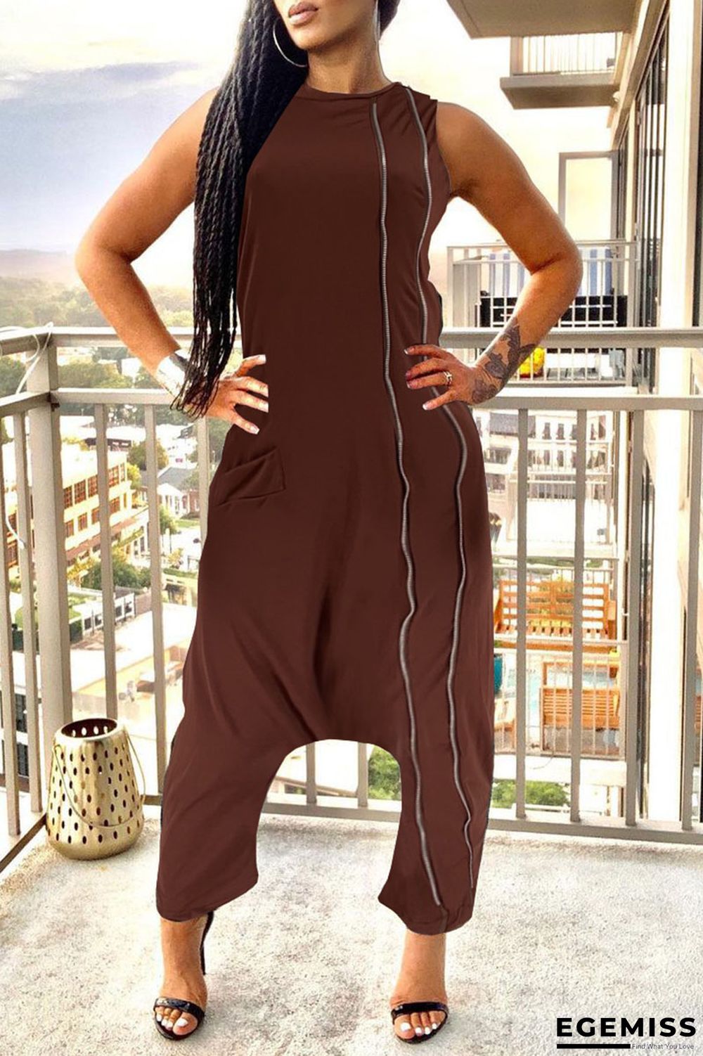 Dark Brown Street Solid Patchwork Pocket Zipper O Neck Loose Jumpsuits | EGEMISS