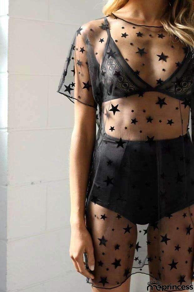 Black Stars Sheer Mesh Cover-Up T-Shirt Dress