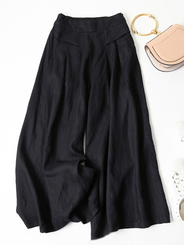 Women Summer Retro Pure Color Ramie Wide Leg Pants 1