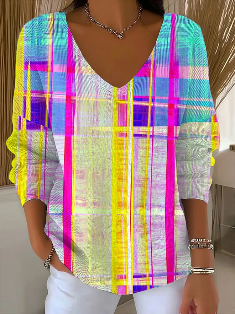 Women's Vintage Abstract Plaid Art Print Casual Pullover Sweater