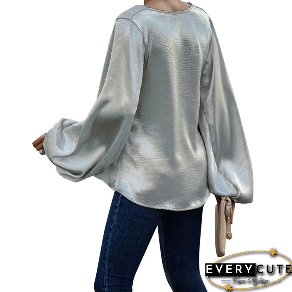 Solid Silvery V Neck Long Sleeve Loose Tops