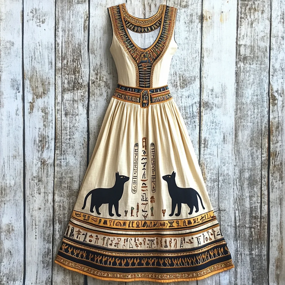 Egyptian Elements Cat Print Women's Linen Vest Maxi Dress