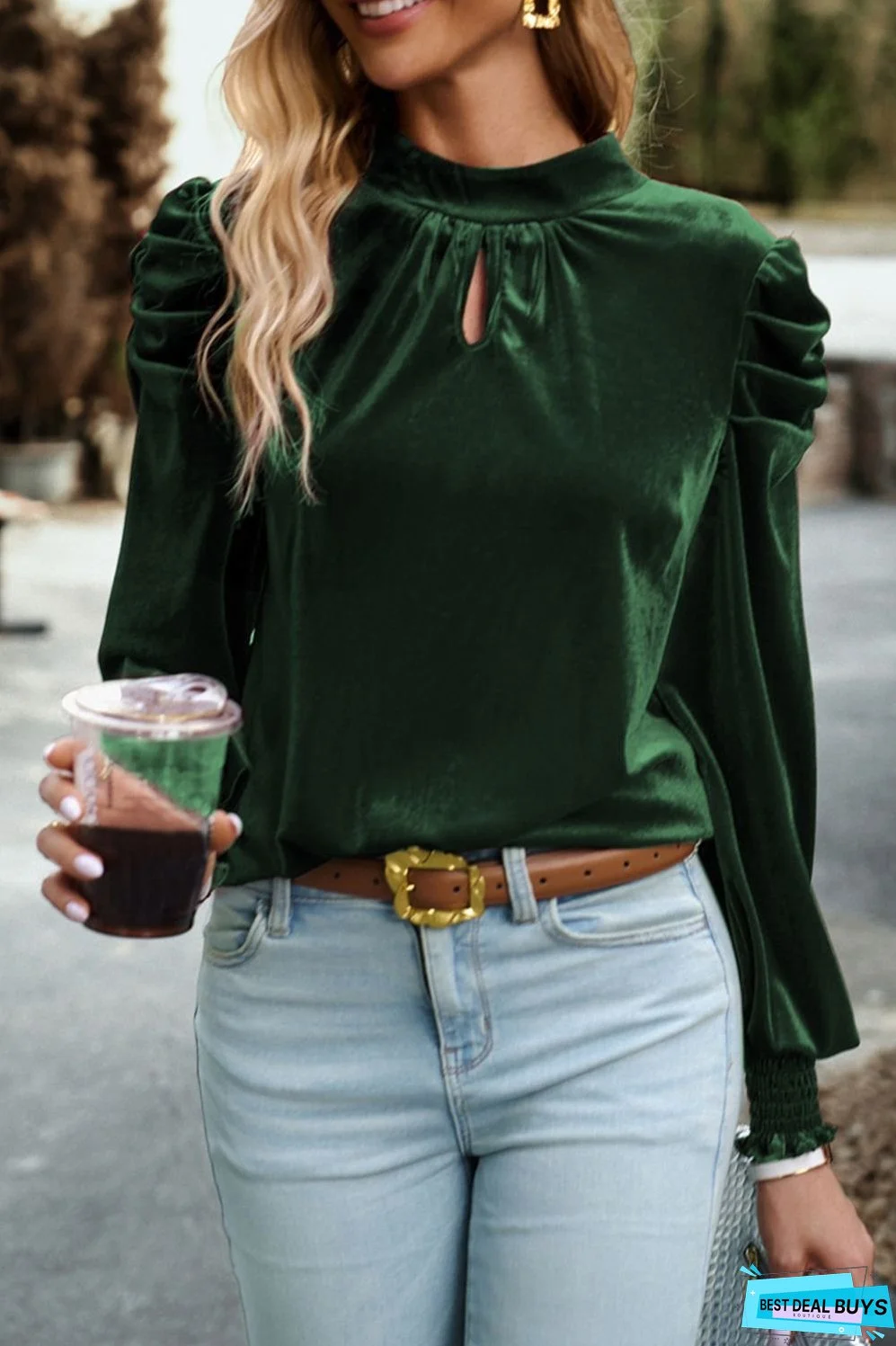 Mock Neck Puff Sleeve Velvet Blouse