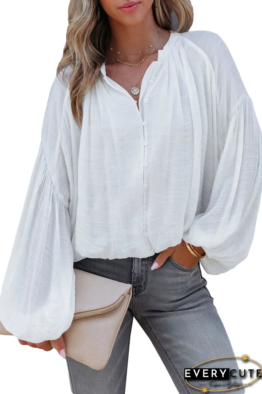 White Solid Color V Neck Balloon Sleeve Shirt