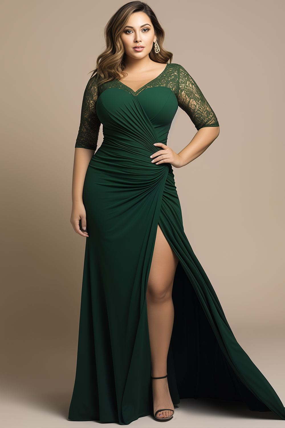 Flycurvy Plus Size Wedding Guest Dark Green Chiffon Lace Slit Shirred Waist 3/4 Sleeve Maxi Dress