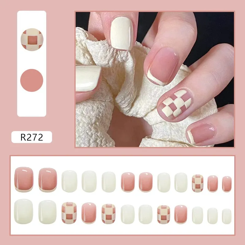 Fake Nail Patch Short Paragraph Ballet Nails Green & White color Finished Nail Piece 24PCS Glue Type nails set free shipping-Nail Inspo