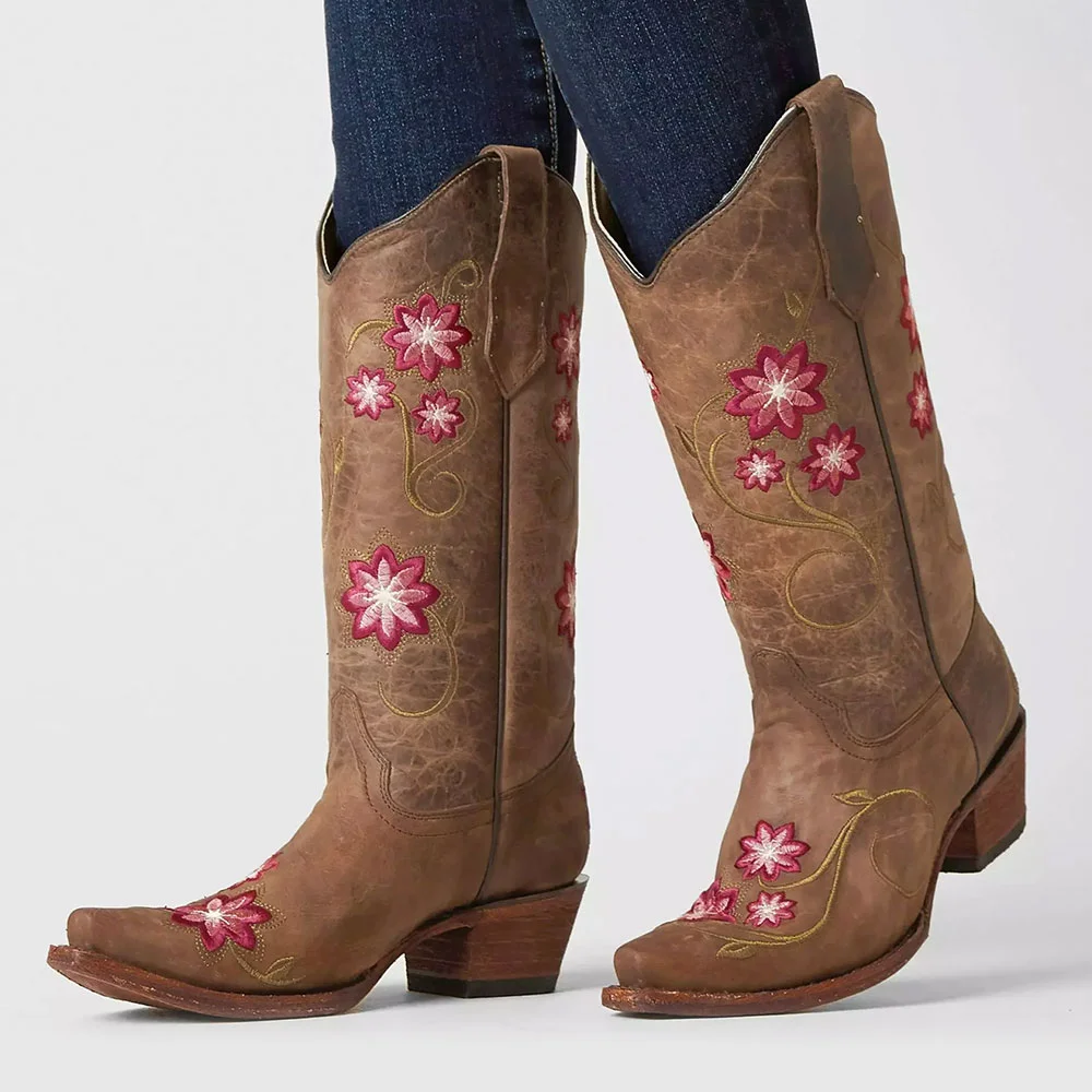 Tan Floral Embroidered Snip Toe Mid Calf Cowgirl Boots for Women