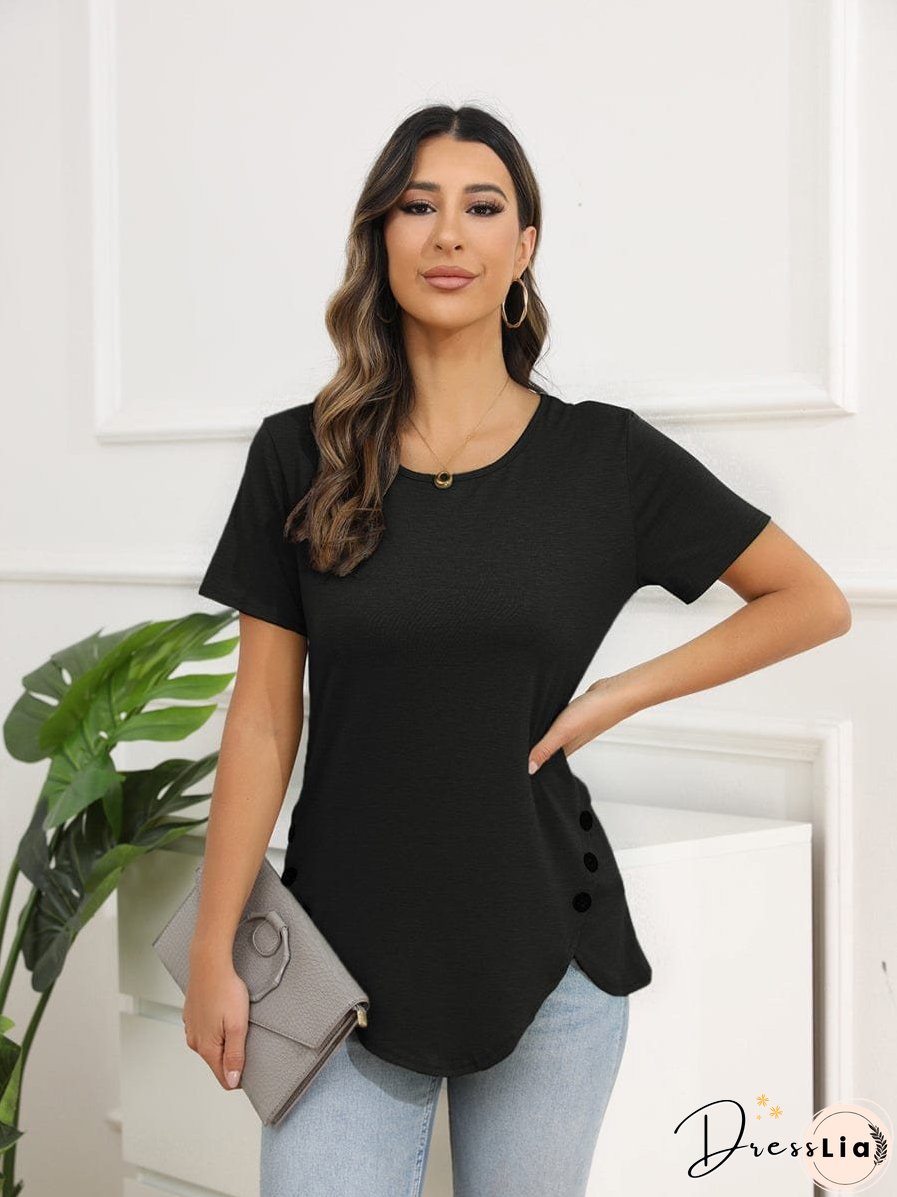 Irregular Button Short Sleeve Round Neck T-Shirt
