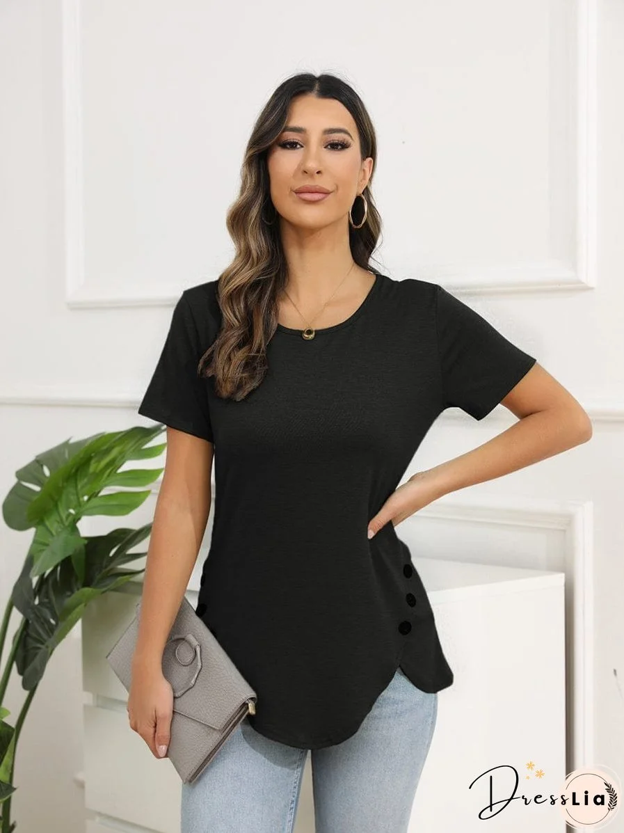 Irregular Button Short Sleeve Round Neck T-Shirt