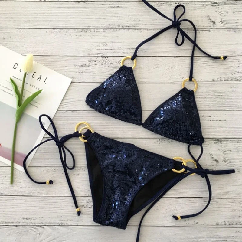 2021 New Sexy Bikinis Sequins Golden Color Women Bandage Bikini Set Push-up Padded Bra Swimsuit Suit Swimwear 2570