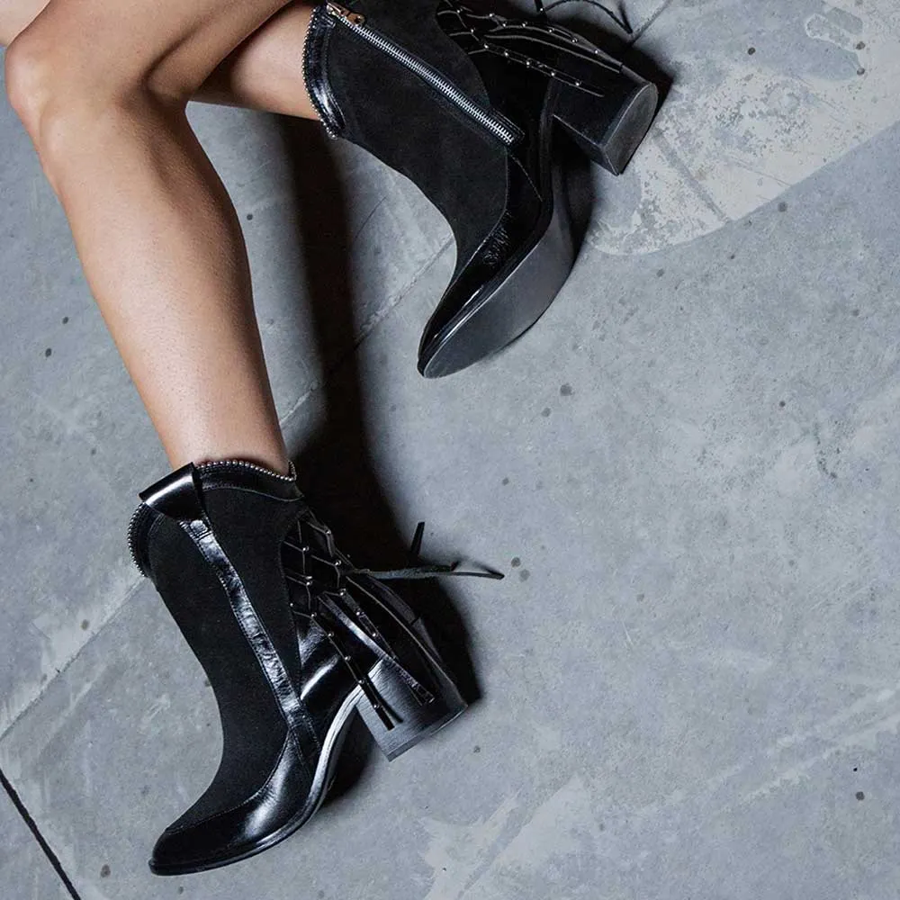 Black Studded Fringe Block Heel Zipper Ankle Western Boots for Women