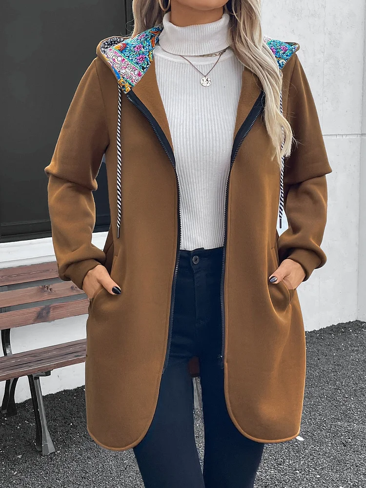 Women's Drawstring Zip Up Long Sleeve Hooded Outerwear Jacket