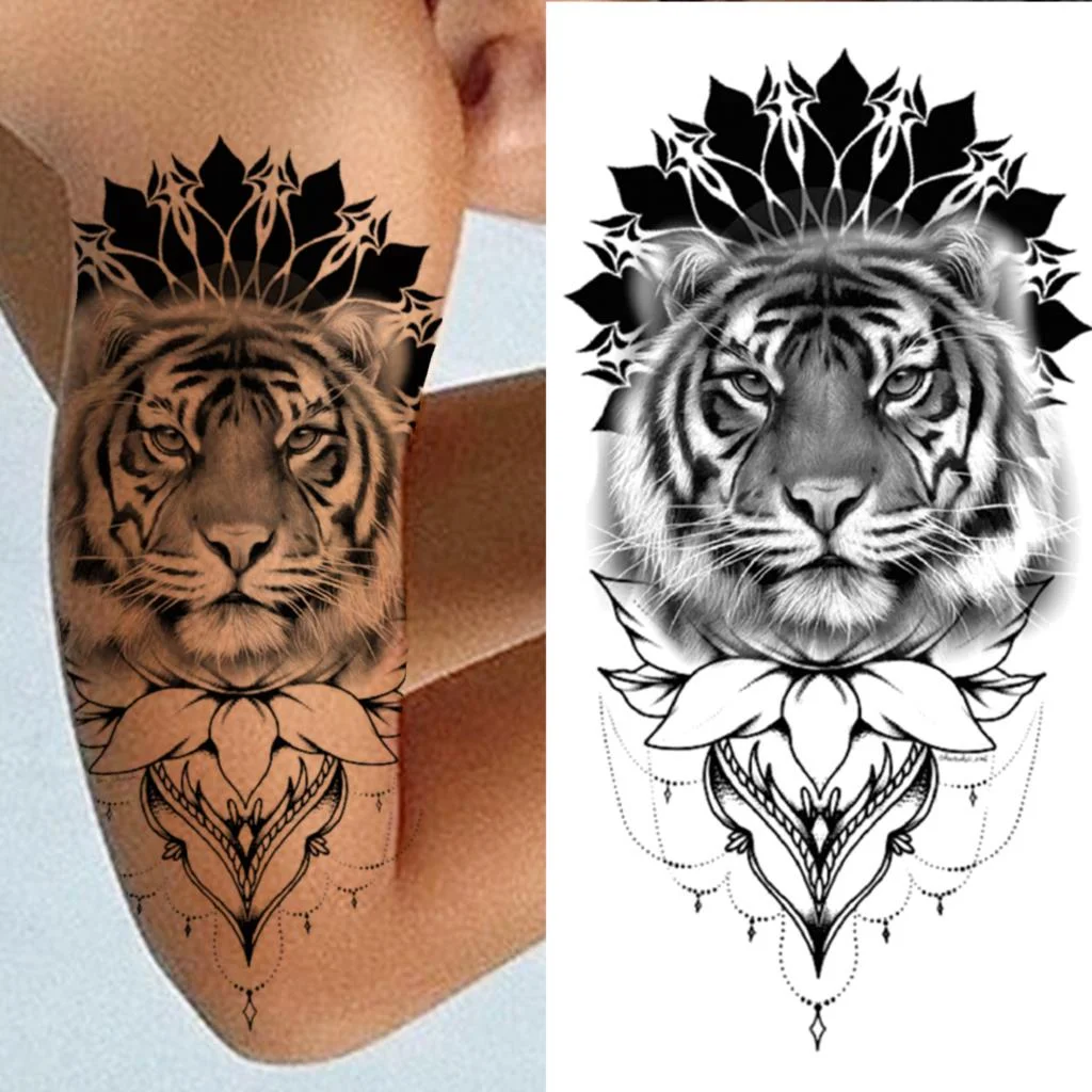 Sdrawing Tiger Diamond Temporary Tattoos For Women Men Cross Lion Skull Tattoo Sticker Black Wolf Fake Forest Animal Tatoo Forearm