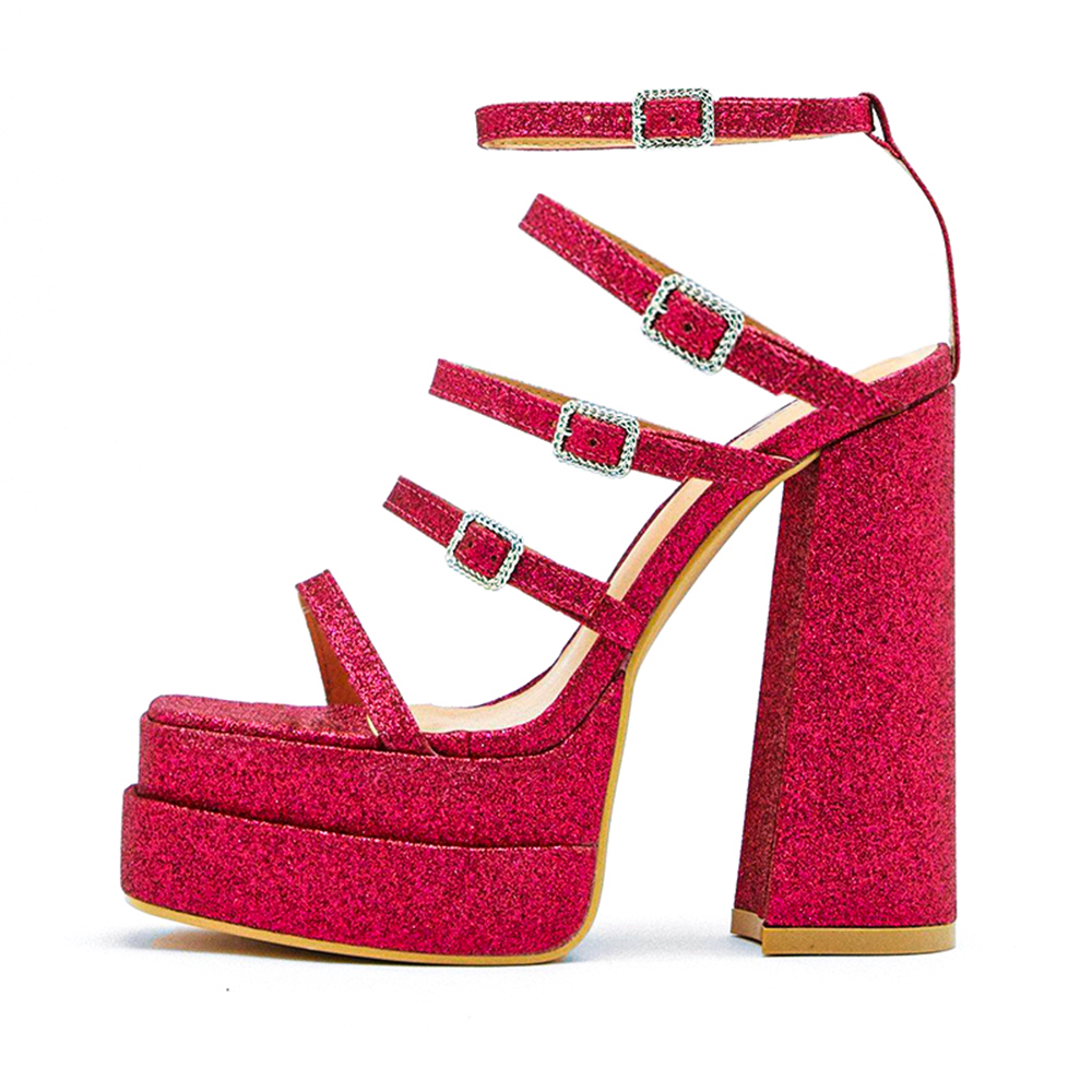 Red Glitter Square Toe Chunky Heel Platform Sandals with Buckles Nicepairs