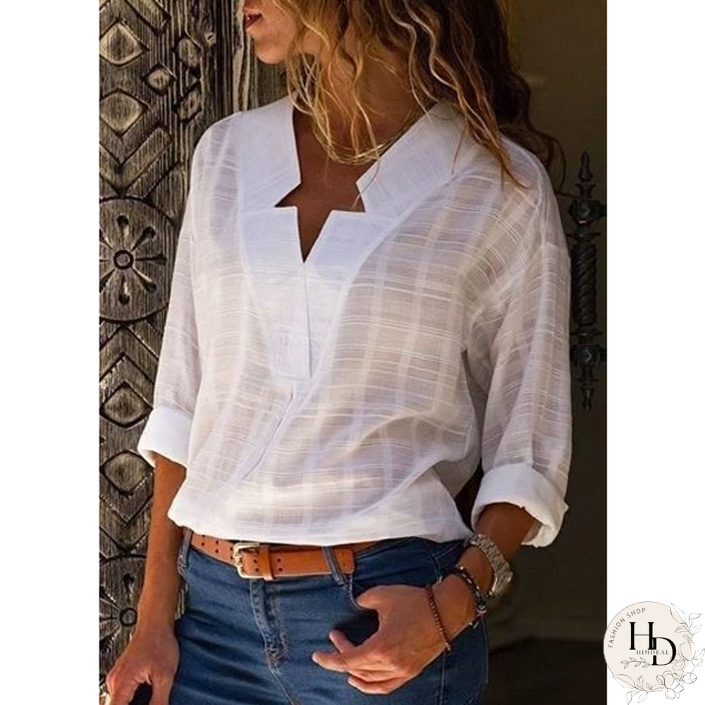 Large size Women's Blouse Long-sleeved Shirt Solid Color V-neck Casual Blouses