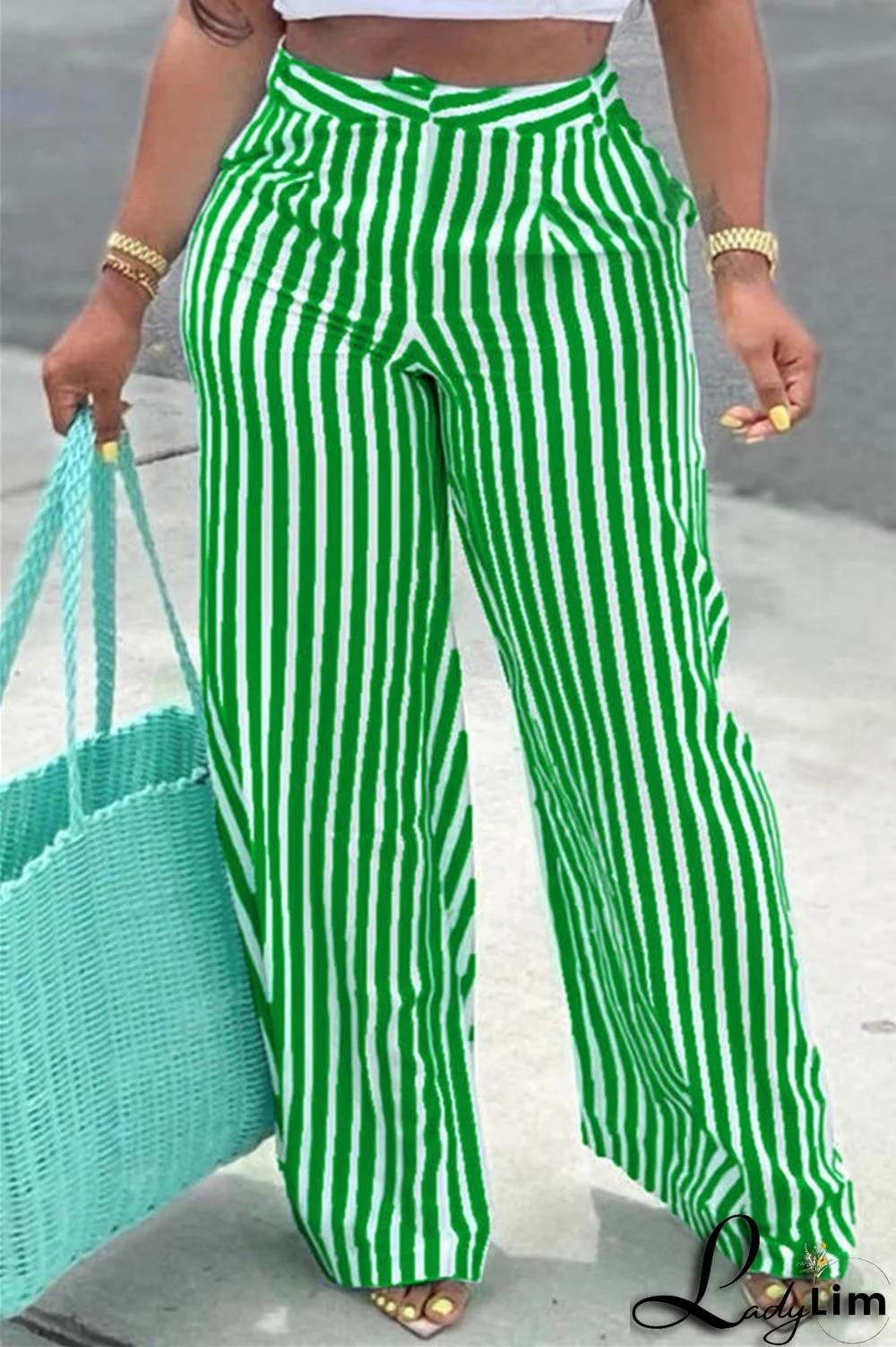 Green Fashion Casual Striped Print Patchwork Regular High Waist Trousers