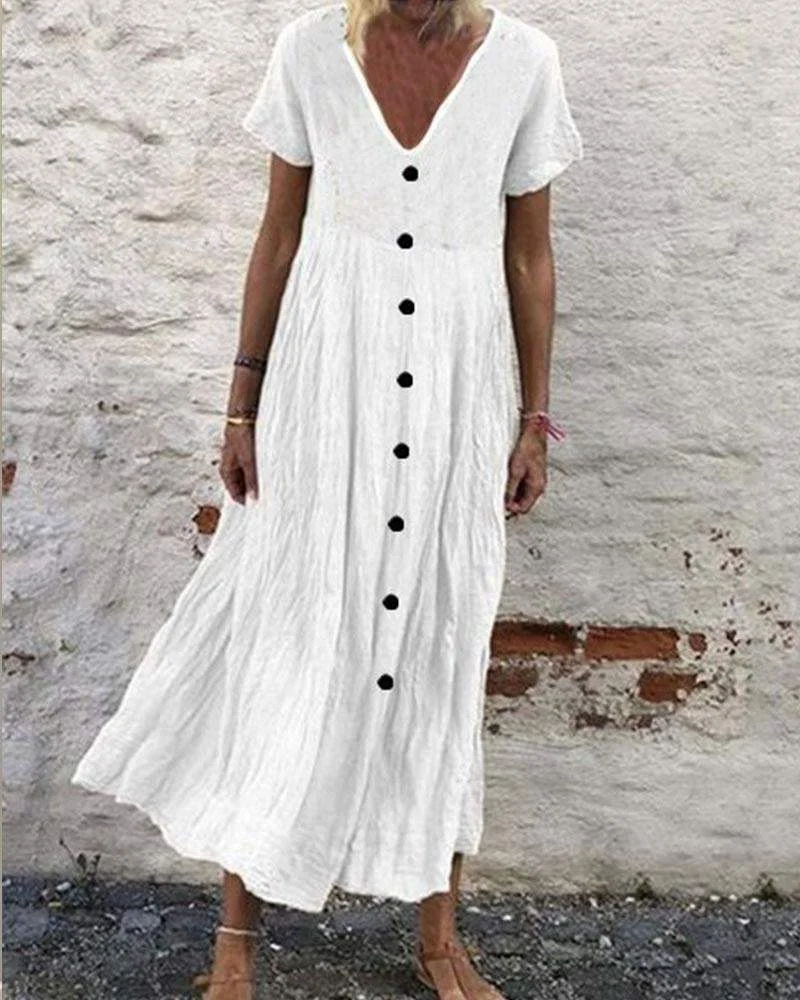 Cotton Linen V-neck Button Vintage Dress
