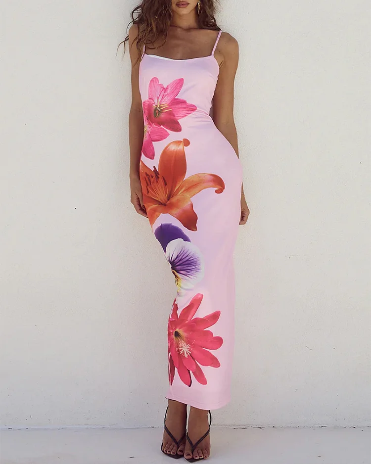 Women's fashion casual printed suspender dress
