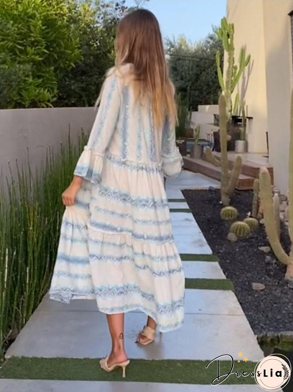 Women's Swing Dress Midi Dress Long Sleeve Print Print Fall Casual Light Blue S M L XL XXL