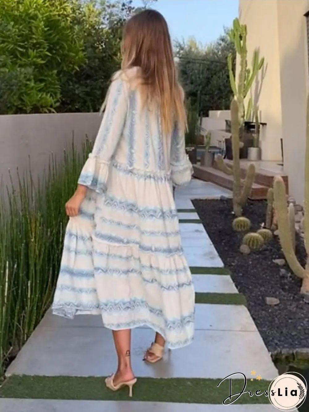 Women's Swing Dress Midi Dress Long Sleeve Print Print Fall Casual Light Blue S M L XL XXL