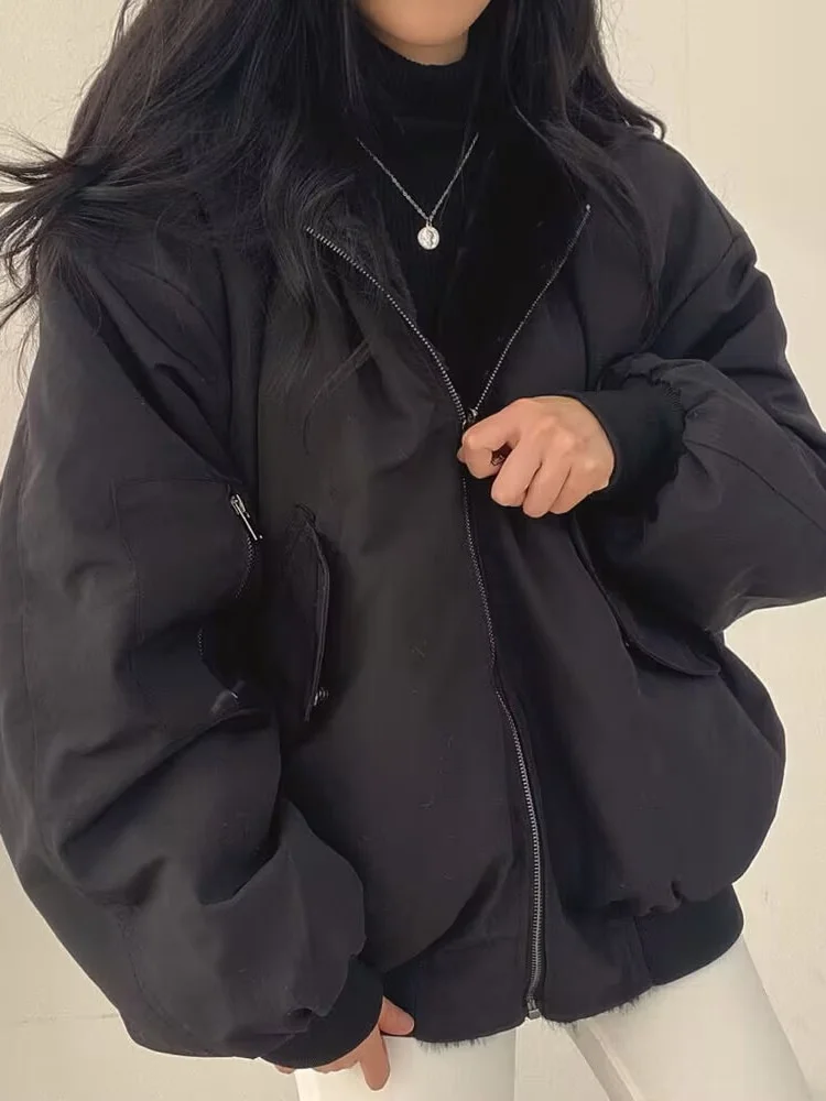 Jangj Jacket New Korean Fashion Artificial Lambswool Reversible Jacket Women Harajuku Oversized Basic Winter Hoodie Coat Winter