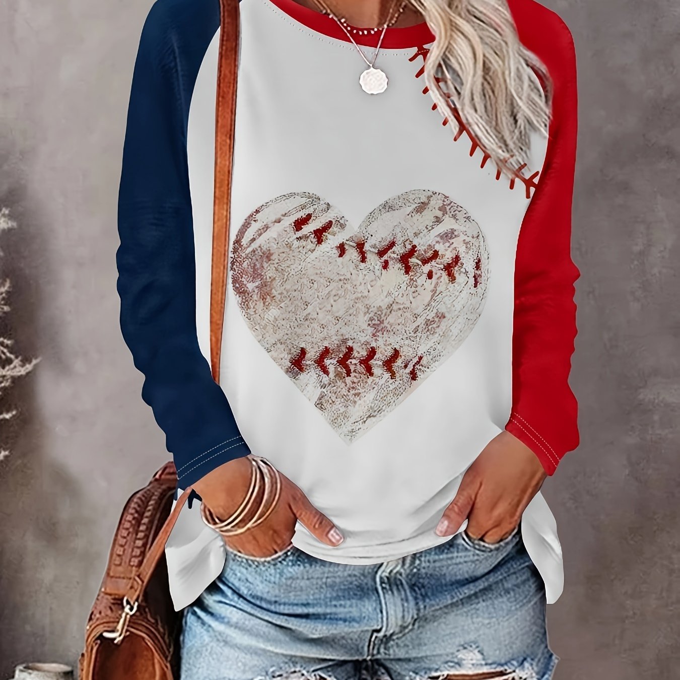 Color Block Heart Print T-Shirt, Casual Crew Neck Long Sleeve T-Shirt For Spring & Fall, Women's Clothing