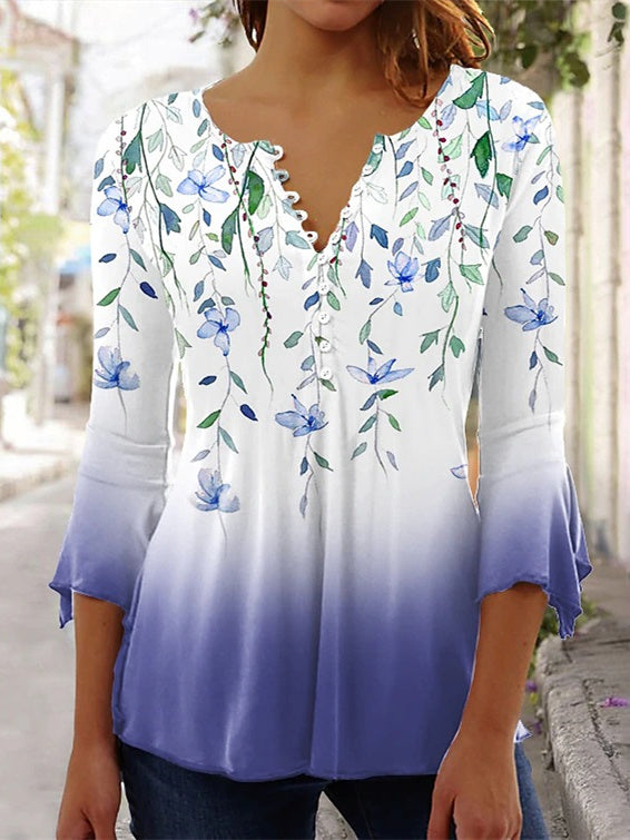 Women's Graphic Floral Printed V-Neck 3/4 Sleeve Top