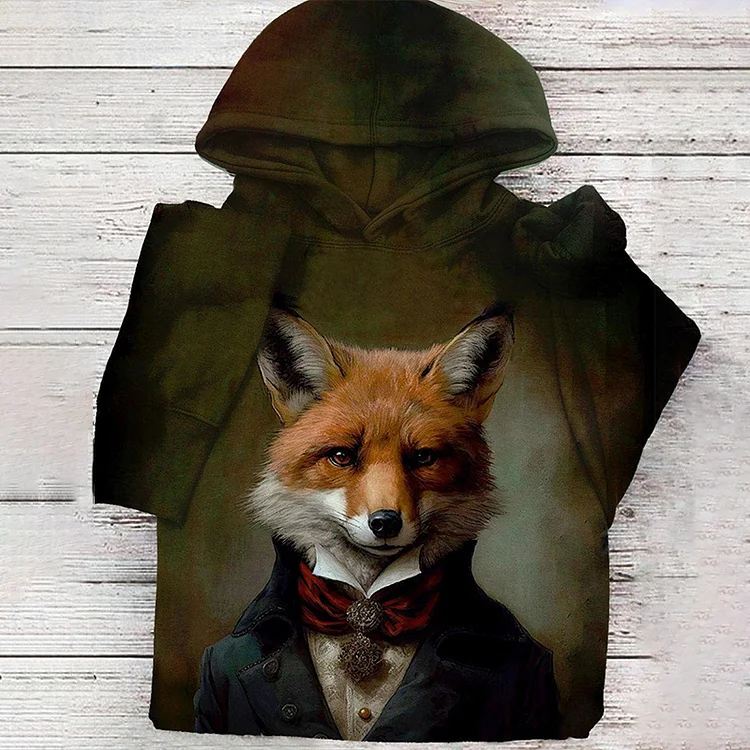 Men's Vintage Fox Print Long Sleeve Hoodie