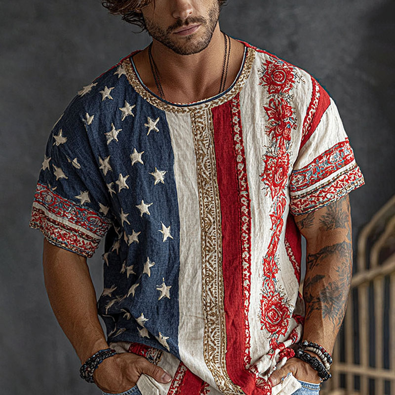  Men's Vintage Flag And Floral Pattern Contrast Patchwork Art Shirt Westsshops
