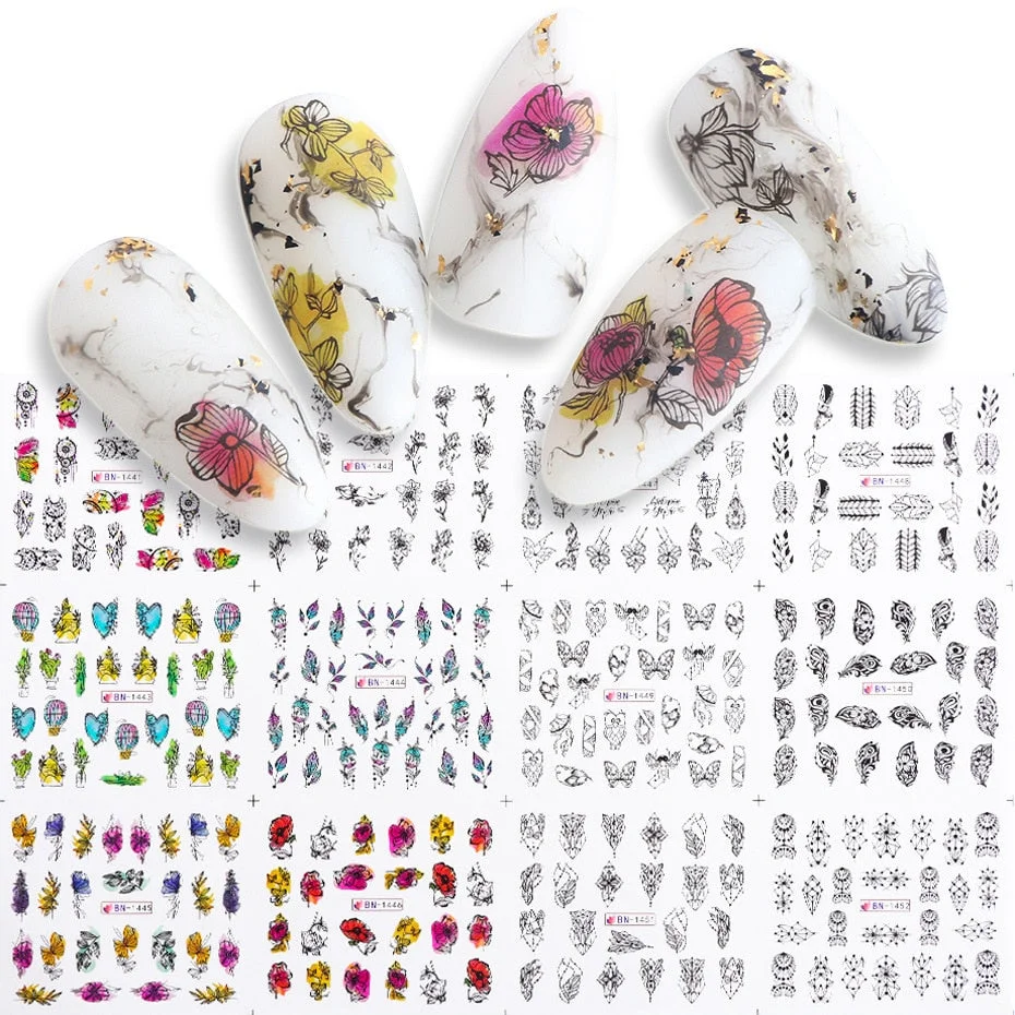 Nail Stickers Water Transfer Ink Painting Artificial Flower Designs 12Pcs/Set Nail Decal Decoration Tips For Beauty Salons-Nail Inspo