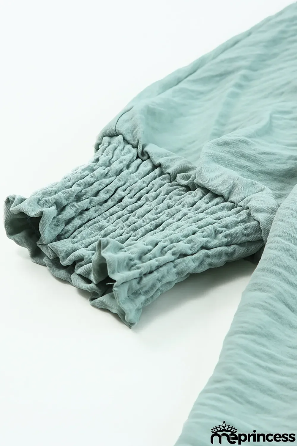 Green Color Block Shirred 3/4 Sleeve V Neck Top