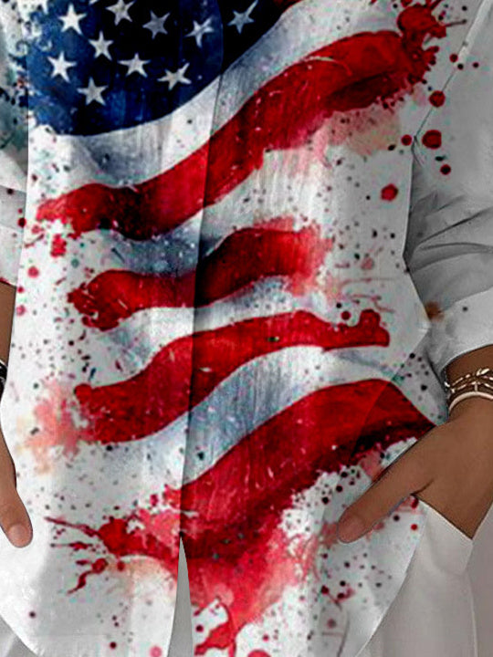 Women 3/4 Sleeve Shirt Collar National Flag Printed Graphic Button Tops