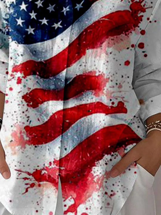 Women 3/4 Sleeve Shirt Collar National Flag Printed Graphic Button Tops
