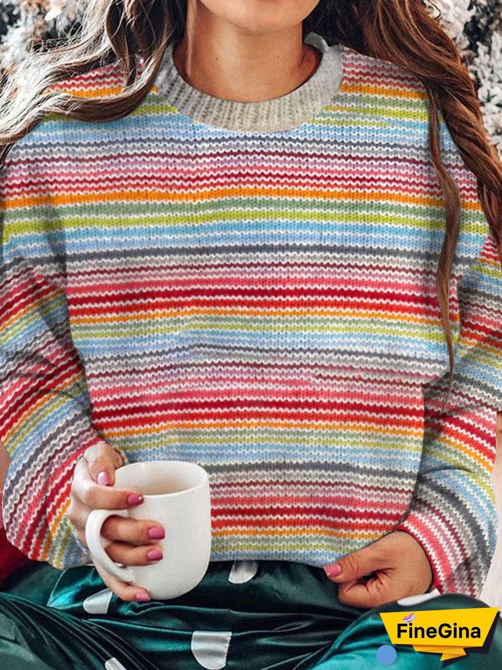 Women's striped sweater printed crew neck sweatshirt